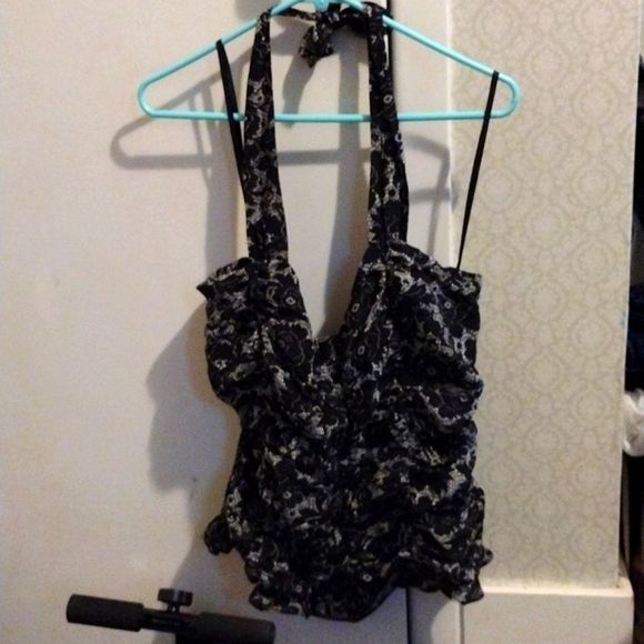 International Concepts INC Black lace print Silk halter top - Picture 1 of 5